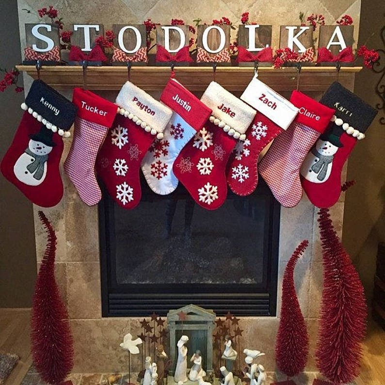 Personalized Stocking Holder, Wood Stocking Holder For Mantle Top, Rustic Christmas Decor, Stocking Label, Stocking Hanger, Stocking Hooks image 4
