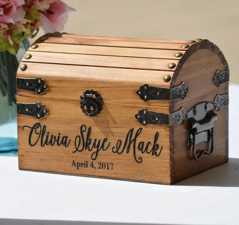 Wooden Card Box, Rustic Card Box With Slot, Bridal Shower Card Holder Wedding Keepsake Chest Custom Keepsake Trunk Shabby Chic Wedding CT001 image 3