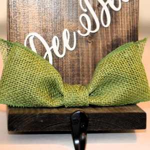 Personalized Stocking Holder, Wood Stocking Holder For Mantle Top, Rustic Christmas Decor, Stocking Label, Stocking Hanger, Stocking Hooks Solid Green Burlap