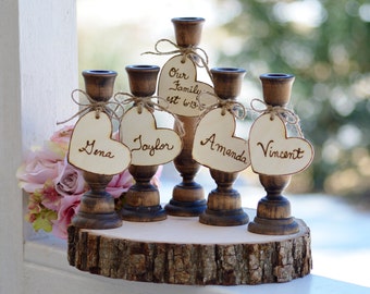 personalized unity candle holders, wooden family unity candle set, rustic wedding decor, shabby chic wedding family set