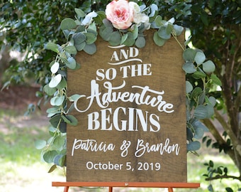 The Adventure Begins Wedding Welcome Sign Welcome To Our Wedding Sign Welcome Wedding Sign Vertical Welcome Sign Rustic Wedding Reception