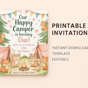 Faire-part du premier anniversaire du campeur heureux | Thème camping rose | Invitation de fête d'anniversaire des bois | Téléchargement numérique