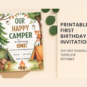 Un joyeux anniversaire de campeur | Thème camping 1er anniversaire | Faire-part numérique | Téléchargement imprimable pour garçons