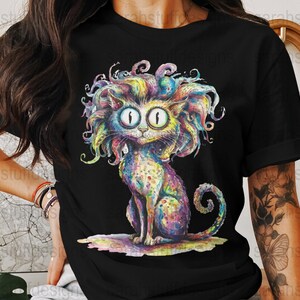 Colorful Whimsical Cat Digital Art Print, Surreal Feline with Big Eyes, Artistic Cat Illustration, Playful Cat Wall Decor
