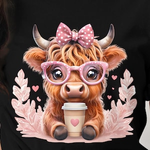 Highland Cow with Coffee PNG, Cute Pink Bow Design, Printable Art, Farm Animal Clipart, Coffee Lover Art