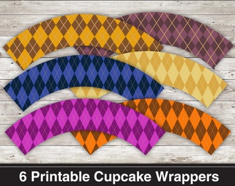 Printable Argylle Cupcake Wrappers in Blue, Navy and Gold Argyle Patterns. JPG & Transparent PNG Cut Files