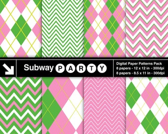 Pink Green Chevron and Argyle Digital Papers. Girl Golf Theme. Scrapbook / Party Papers, DIY Invites. 8.5x11 & 12x12 Jpg INSTANT DOWNLOAD