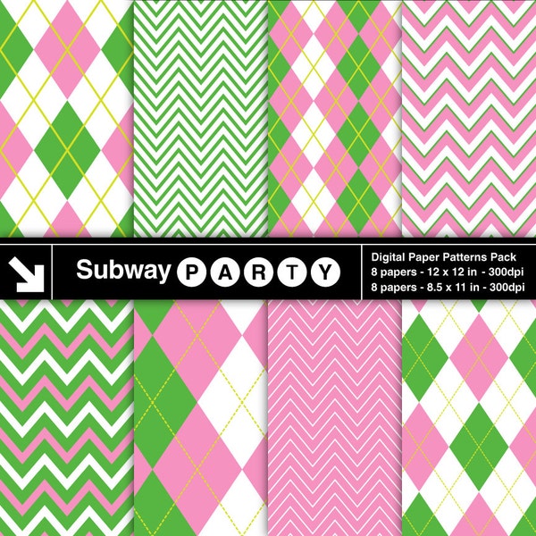 Pink Green Chevron and Argyle Digital Papers. Girl Golf Theme. Scrapbook / Party Papers, DIY Invites. 8.5x11 & 12x12 Jpg INSTANT DOWNLOAD