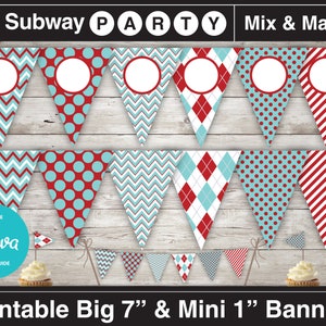 May include: Printable subway party banner set with 7 inch and 1 inch flags. The flags feature a variety of patterns in red, white, and blue, including chevron, polka dots, and plaid. The banner is editable with Canva.