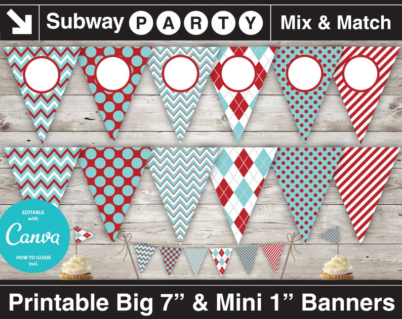 May include: Printable subway party banner set with 7 inch and 1 inch flags. The flags feature a variety of patterns in red, white, and blue, including chevron, polka dots, and plaid. The banner is editable with Canva.