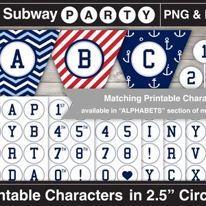 May include: Printable 2.5 inch circle stickers with blue and white nautical themed alphabet letters, numbers, and symbols. The letters are in a white circle with a blue outline. The numbers and symbols are in a blue circle with a white outline. The background is a white woodgrain pattern.