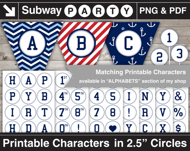 May include: Printable 2.5 inch circle stickers with blue and white nautical themed alphabet letters, numbers, and symbols. The letters are in a white circle with a blue outline. The numbers and symbols are in a blue circle with a white outline. The background is a white woodgrain pattern.