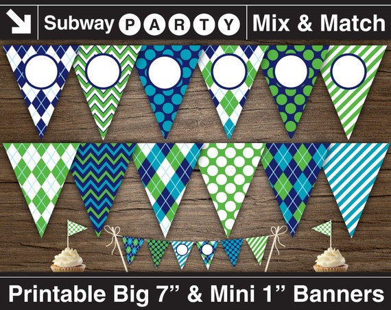 Golf Party Printable Banner & Mini Cake Bunting. Navy, Blue and Green Argyle, Dots, Stripes. DIY Blank Text Editable Banner INSTANT DOWNLOAD Il_570xn