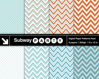 Soft Teal and Orange Chevron Digital Papers Pack. Aqua Coral Zigzag Stripe Background. Scrapbook / Invites DIY 12x12 jpg. INSTANT DOWNLOAD.