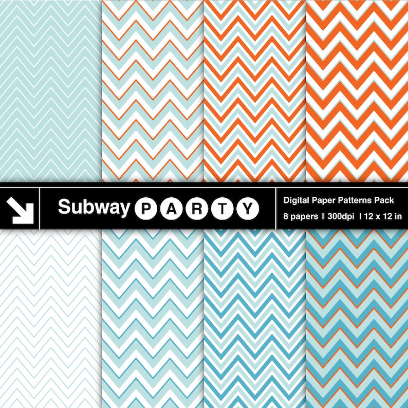 Puede incluir: Un paquete de patrones de papel digital con ocho hojas de 30,48 cm x 30,48 cm, que presenta dise&ntilde;os de chevr&oacute;n. Los dise&ntilde;os incluyen zigzags en azul claro, blanco y naranja. El paquete est&aacute; etiquetado como "Subway PARTY".