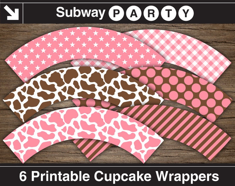 Printable Cowgirl Party Cupcake Wrappers DIY. Pink Brown Cow | Etsy