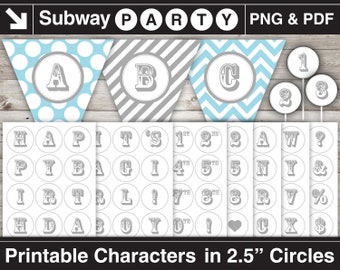 Printable Grey Alphabet Letters & Numbers in 2.5" Circles. Characters for Party Banner, Cupcake Topper, Clipart. Png, Pdf CANVA Elements