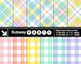May include: A set of 12 digital paper patterns featuring pastel plaid designs in pink, yellow, blue, and green. The patterns are 12 inches by 12 inches and 8.5 inches by 11 inches, and are 300 dpi.