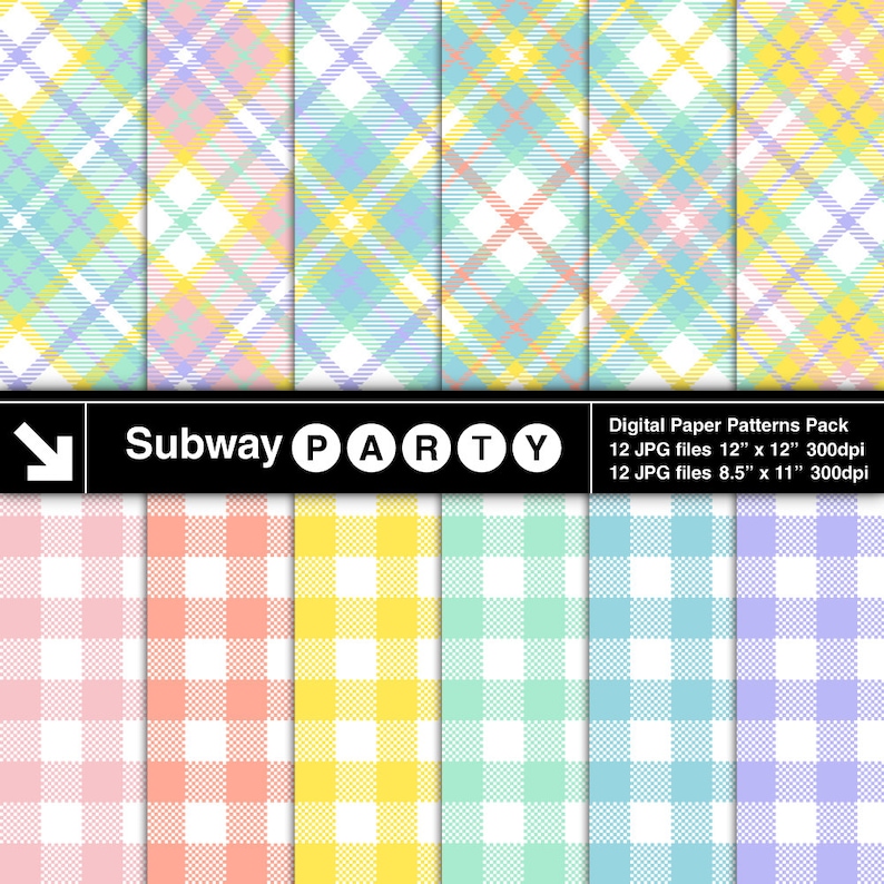 Pastel Rainbow Tartan and Gingham Plaid Digital Papers. Easter Scrapbook / Party Papers / Invites DIY 8.5x11, 12x12 jpg. INSTANT DOWNLOAD image 1