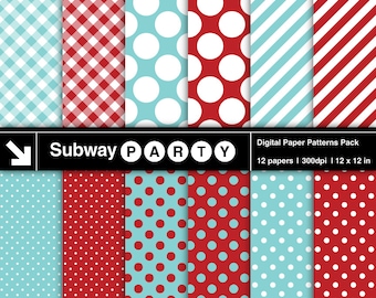 Aqua Blue, Dark Red, White Polka Dots, Stripes & Gingham Digital Papers. Party Papers / Invites DIY / Scrapbook 12"x12" jpg INSTANT DOWNLOAD