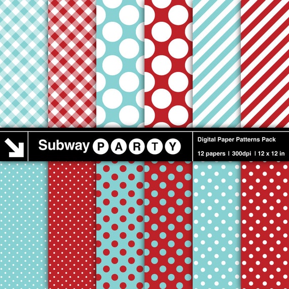 aqua blue dark red white polka dots stripes gingham digital polka dot and stripes