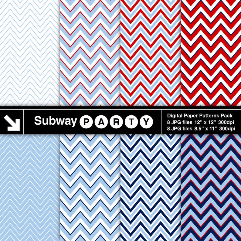 May include: A set of digital paper patterns with chevron designs in multiple colour schemes. The patterns include red, white, and blue, alongside various shades of blue. The image includes the text "Subway PARTY" and file details, including sizes of 30.48cm x 30.48cm and 21.59cm x 27.94cm.