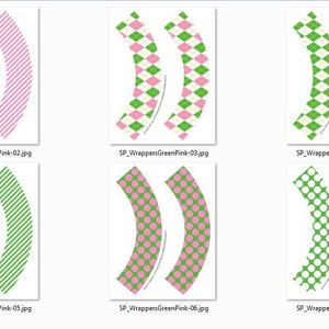 Puede incluir: Conjunto de siete dise&ntilde;os de envoltorios para cupcakes imprimibles con patrones verdes y rosas. Los dise&ntilde;os incluyen rayas, lunares y cuadros escoceses.
