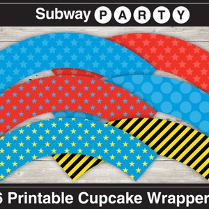 Printable Train / Superhero Party Cupcake Wrappers in Red and Blue Stars, Jumbo Polka Dots and Yellow and Black Stripes. INSTANT DOWNLOAD image 1