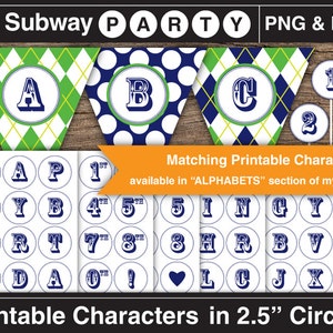 May include: Printable party decorations featuring a green and blue checkered pattern, white polka dots, and blue letters. The letters spell out "Subway Party". The image also includes printable 2.5 inch circles with letters, numbers, and symbols in a blue and white color scheme.