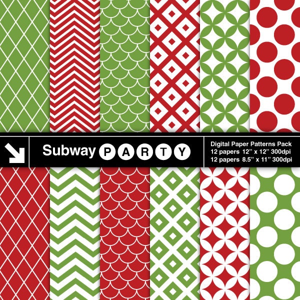 Xmas Red and Green Retro Mod Digital Papers  in Diamond Lattice, Trellis, Chevron. Scrapbook / Card DIY 8.5x11 12x12 jpg INSTANT DOWNLOAD