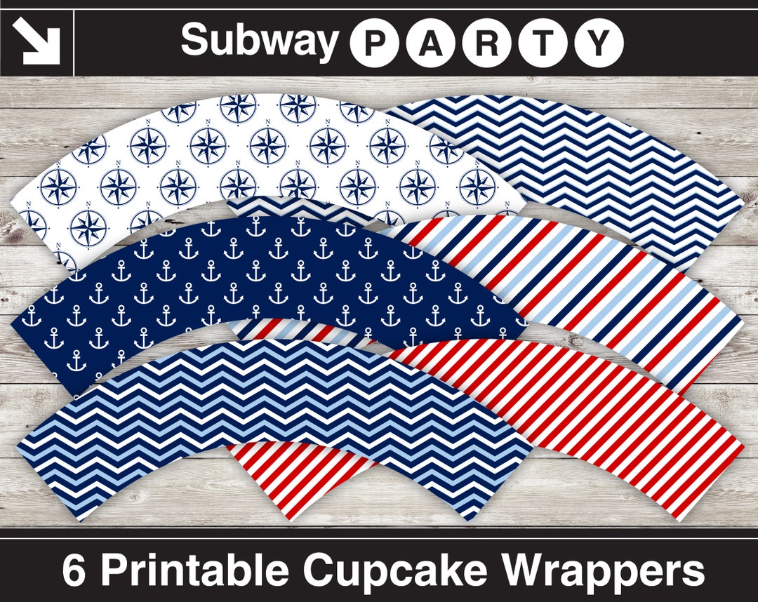 Nautical Printable Cupcake Wrappers. Navy Blue, Red, White Chevron ...