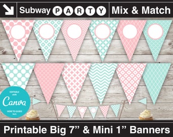 Pink and Mint Printable Party Banner &  Mini Cake Bunting. Girly Shabby Chic Banner. DIY Editable Banner. Blank Text. Jpg INSTANT DOWNLOAD.