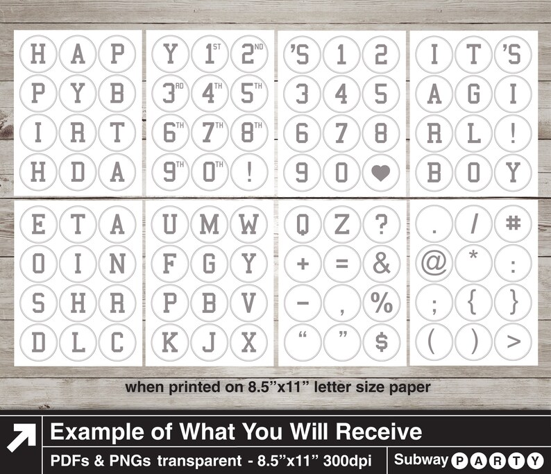 May include: A set of 8.5 x 11 inch printable alphabet and number stickers in a white circle with a gray outline. The stickers include letters, numbers, punctuation marks, and symbols. The text "when printed on 8.5"x11" letter size paper" is at the bottom of the image. The text "Example of What You Will Receive" is at the bottom of the image. The text "PDFs & PNGs transparent - 8.5"x11" 300dpi Subway PARTY" is at the bottom of the image.