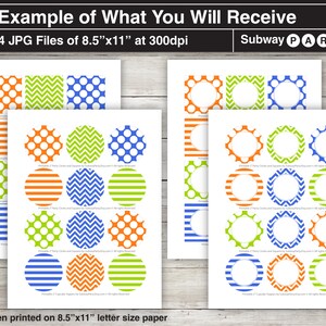 May include: Printable party circles and squares in orange, green, and blue polka dot, chevron, and striped patterns. The printable sheets are designed for 8.5 x 11 inch letter size paper.