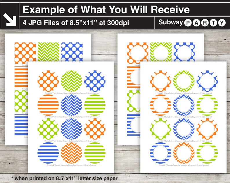 May include: Printable party circles and squares in orange, green, and blue polka dot, chevron, and striped patterns. The printable sheets are designed for 8.5 x 11 inch letter size paper.