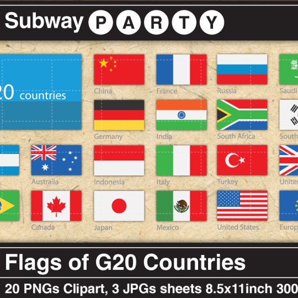 Flags of G20 Countries. Digital Clipart, Printable Collage Sheets, Word Wall. 20 Png, 3 Jpg 8.5x11 Letter Size / A4. INSTANT DOWNLOAD