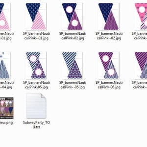 May include: A set of printable nautical themed party banner templates in pink and blue with anchor and chevron patterns. The files are in JPG format and include a preview image, instructions, and a text file.