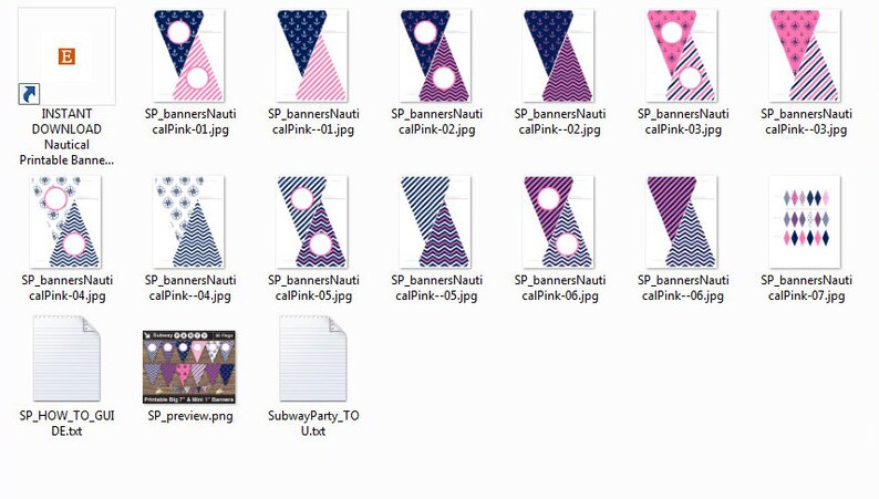 May include: A set of printable nautical themed party banner templates in pink and blue with anchor and chevron patterns. The files are in JPG format and include a preview image, instructions, and a text file.
