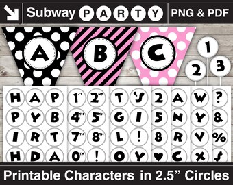 Printable Cartoon Style Black Letters & Numbers in 2.5" Circles. Alphabet Characters for Kids Party Banner Pdf. Clipart Png CANVA Elements