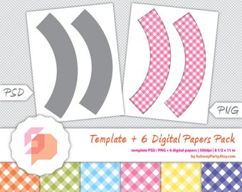 Cupcake Wrapper Template with 6 Digital Papers in Gingham Pattern. DIY Party Printable. Layered psd, Transparent png. INSTANT DOWNLOAD