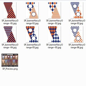 May include: A set of printable pennant banners with a navy blue and orange color scheme. The banners feature various patterns including stripes, polka dots, chevron, and diamond patterns. The banners are perfect for a party or celebration.