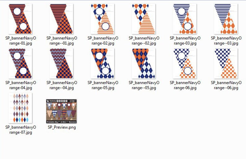 May include: A set of printable pennant banners with a navy blue and orange color scheme. The banners feature various patterns including stripes, polka dots, chevron, and diamond patterns. The banners are perfect for a party or celebration.