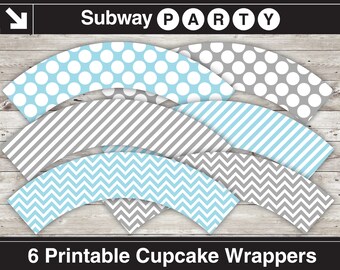 青とグレーの男の子用ベビーシャワーカップケーキラッパー／青とグレーのカップケーキライナー。シェブロン、水玉模様、ストライプ柄。印刷可能なDIY。すぐにダウンロードできます。