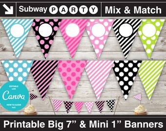 Minnie Theme Girl Birthday Party Printable Banner and Mini Cake Bunting. Pink Black Polka Dots. DIY Editable Banner Blank. INSTANT DOWNLOAD.