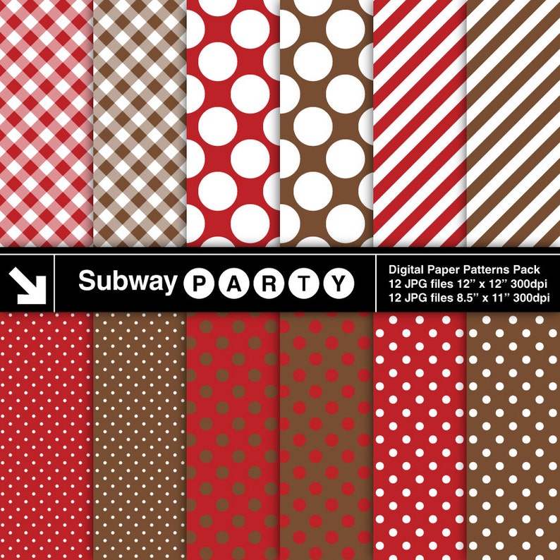 Pu&ograve; includere: Pacchetto di modelli di carta digitale con vari disegni. Include quadri rossi e marroni, pois e strisce. Viene visualizzato il testo "Subway PARTY". Il pacchetto contiene 12 file JPG, 30,48 cm x 30,48 cm e 21,59 cm x 27,94 cm a 300 dpi.