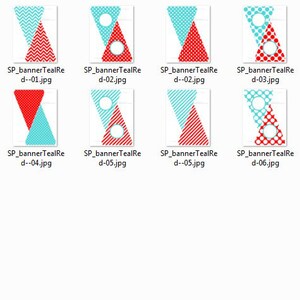 May include: Set of seven printable teal and red triangle banner designs. Each banner features a different pattern, including chevron, polka dots, and stripes. The banners are perfect for a party or celebration.