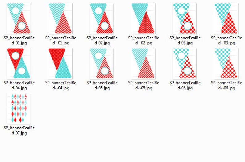 May include: Set of seven printable teal and red triangle banner designs. Each banner features a different pattern, including chevron, polka dots, and stripes. The banners are perfect for a party or celebration.