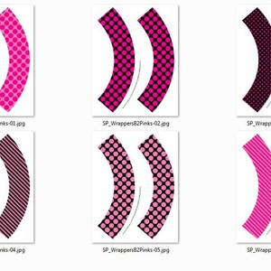 K&ouml;nnte beinhalten: Sechs druckbare Cupcake-Wrapper-Designs mit rosa und schwarzen Punkten, Streifen und einer Kombination aus beiden Mustern.