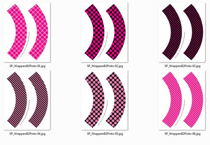 K&ouml;nnte beinhalten: Sechs druckbare Cupcake-Wrapper-Designs mit rosa und schwarzen Punkten, Streifen und einer Kombination aus beiden Mustern.