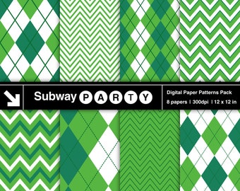 Pakket digitale papieren smaragd, groen en wit chevron en argyle. Plakboekachtergrond / uitnodigingen DIY 12 x 12 jpg INSTANT DOWNLOAD